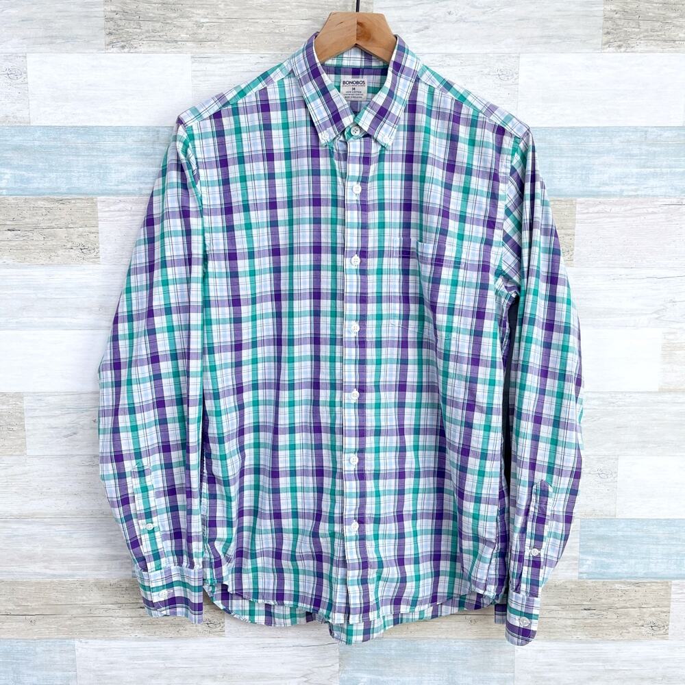 Bonobos Long Sleeve Poplin Shirt Green Purple Plaid Cotton Casual Mens Medium